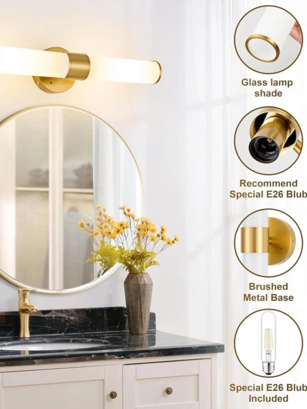 Gold Battery Operated Wall Sconces Set of 2 with White Glass Lamp Shade